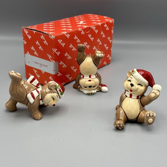 Vtg Fitz and Floyd Tumbling Christmas Bears Set of 3 Figurines Porcelain Korea - Picture 1 of 12